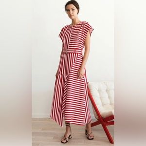Red Pink Playa Stripe Steady Belted Asymmetric Cotton Midi Dress